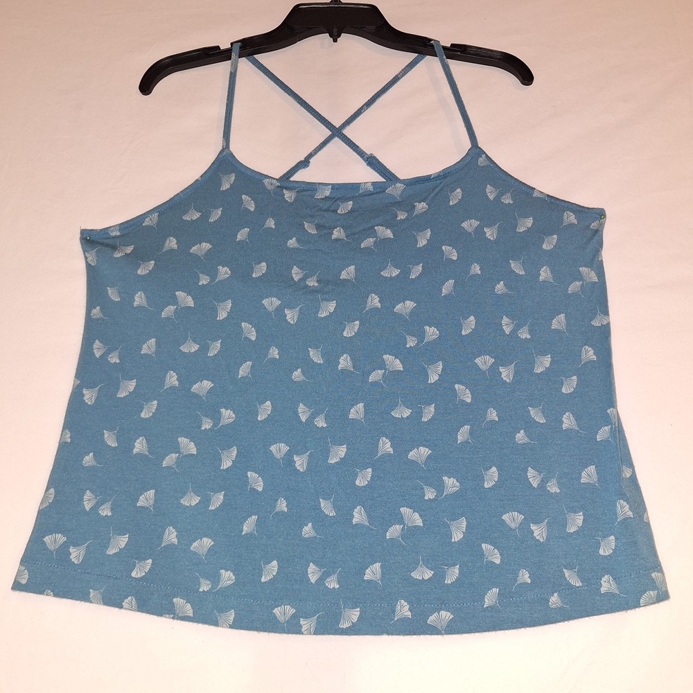 Blue Camisole White Ginkgo Leaf Pattern Criss-cross Back Strap Tank XL Auden - Picture 3 of 12